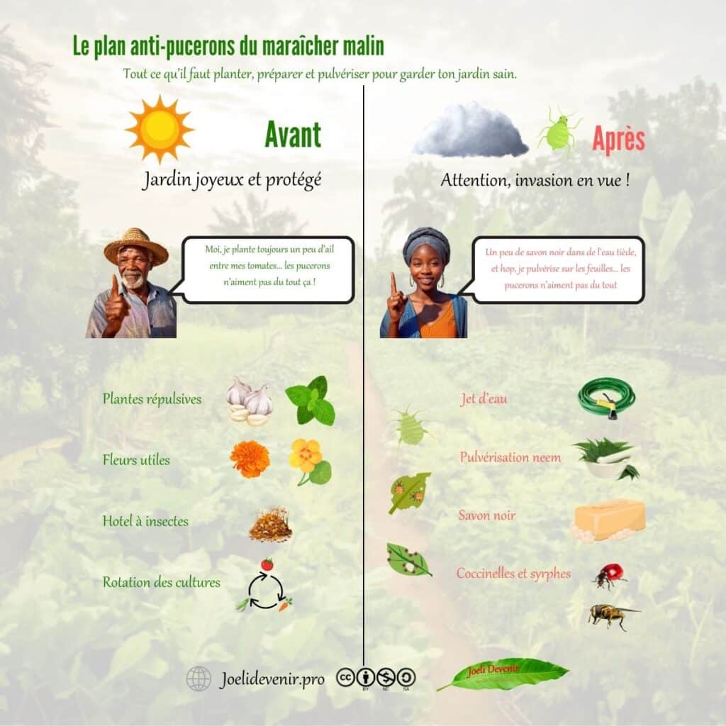 Infographie avant/après : plan naturel contre les pucerons — prévention (plantes répulsives, fleurs utiles, hôtel à insectes, rotation) et traitements (ail, neem, savon noir, coccinelles).